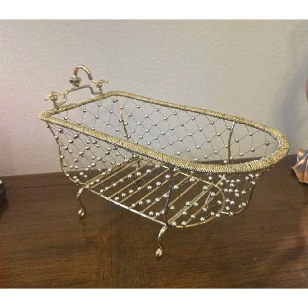 Gold Wire Beaded Clawfoot Bathtub Basket Bathroom Vanity Caddy Towel Soap Holder